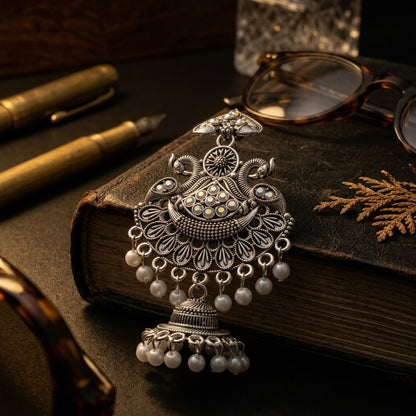 Majestic Peacock Oxidized Indian Jhumki with Pearl Drops