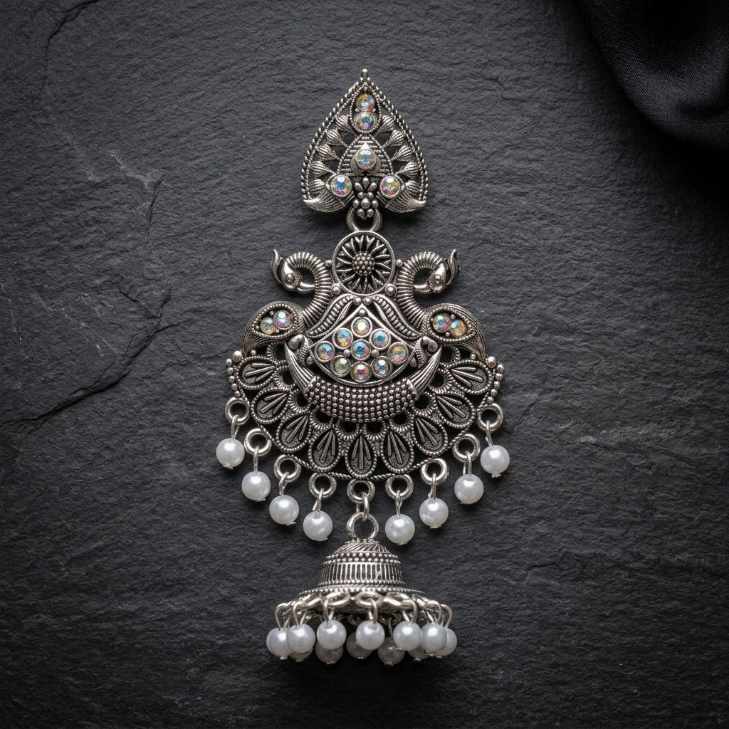 Majestic Peacock Oxidized Indian Jhumki with Pearl Drops