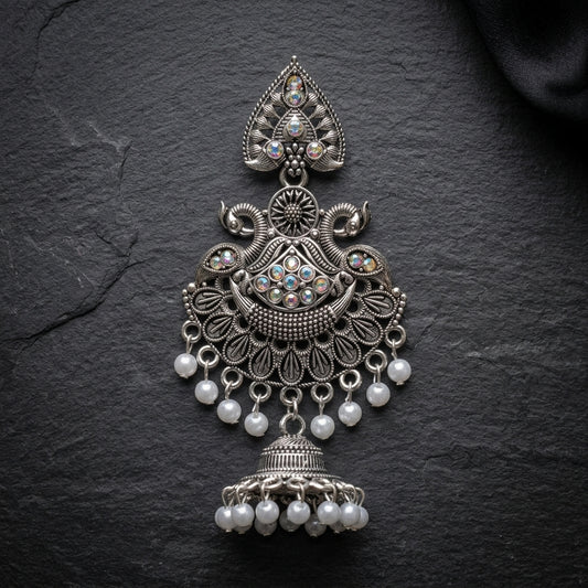 Majestic Peacock Oxidized Indian Jhumki with Pearl Drops