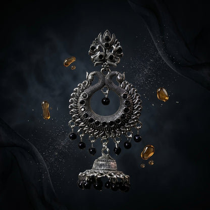 Midnight Peacock Chandbali Jhumki with Black pearls