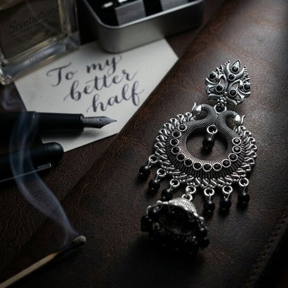 Midnight Peacock Chandbali Jhumki with Black pearls