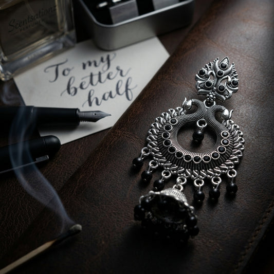 Midnight Peacock Chandbali Jhumki with Black pearls