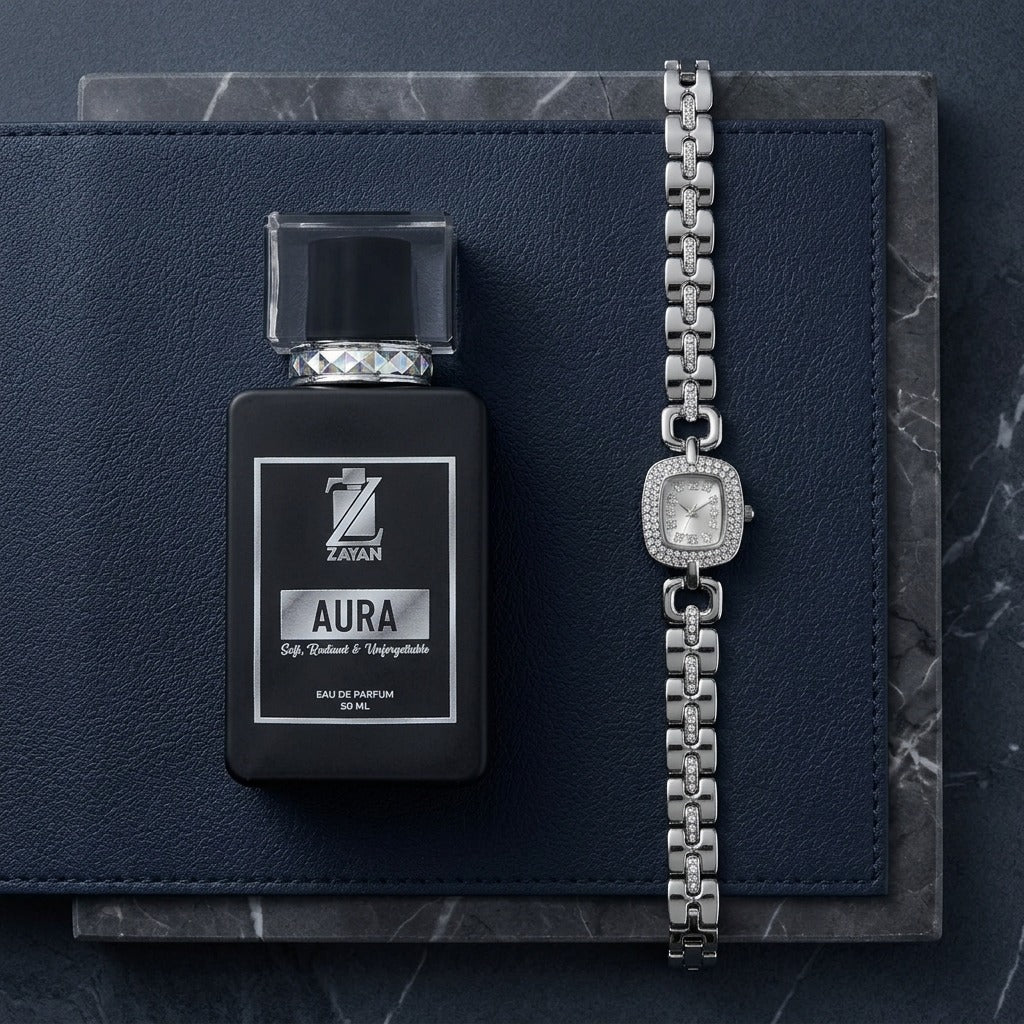 The Fashion Galleria – Classic Luxury Perfume & Watch Gift Set (AURA + Silver Zarconi WATCH)