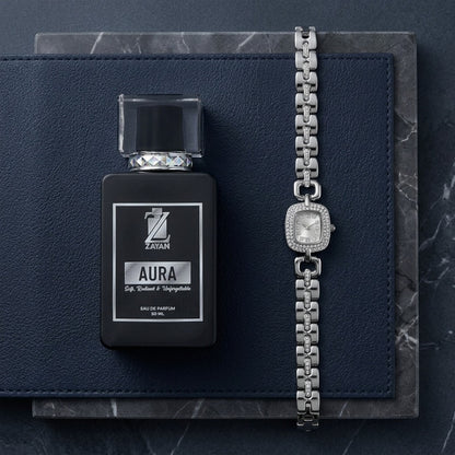 The Fashion Galleria – Classic Luxury Perfume & Watch Gift Set (AURA + Silver Zarconi WATCH)
