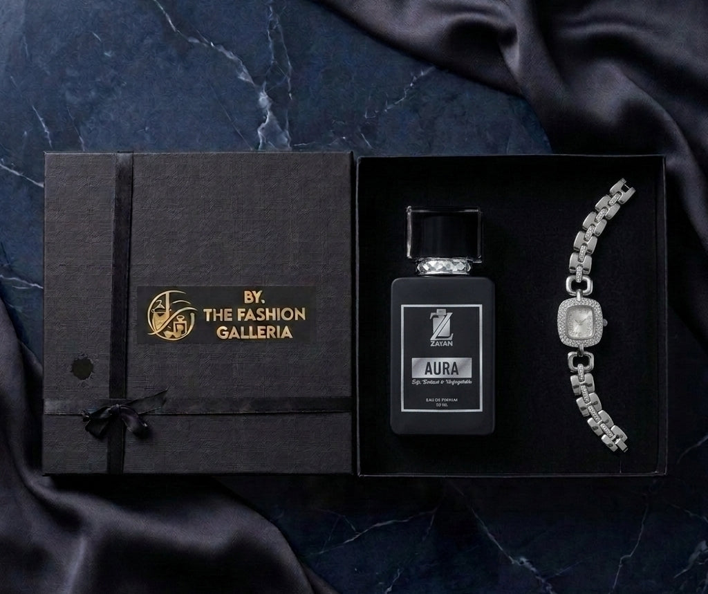 The Fashion Galleria – Classic Luxury Perfume & Watch Gift Set (AURA + Silver Zarconi WATCH)