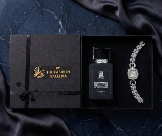 The Fashion Galleria – Classic Luxury Perfume & Watch Gift Set (AURA + Silver Zarconi WATCH)